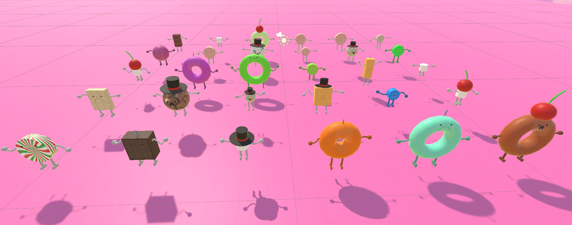 Procedural Creature Generator — Full crowd of generated candy people