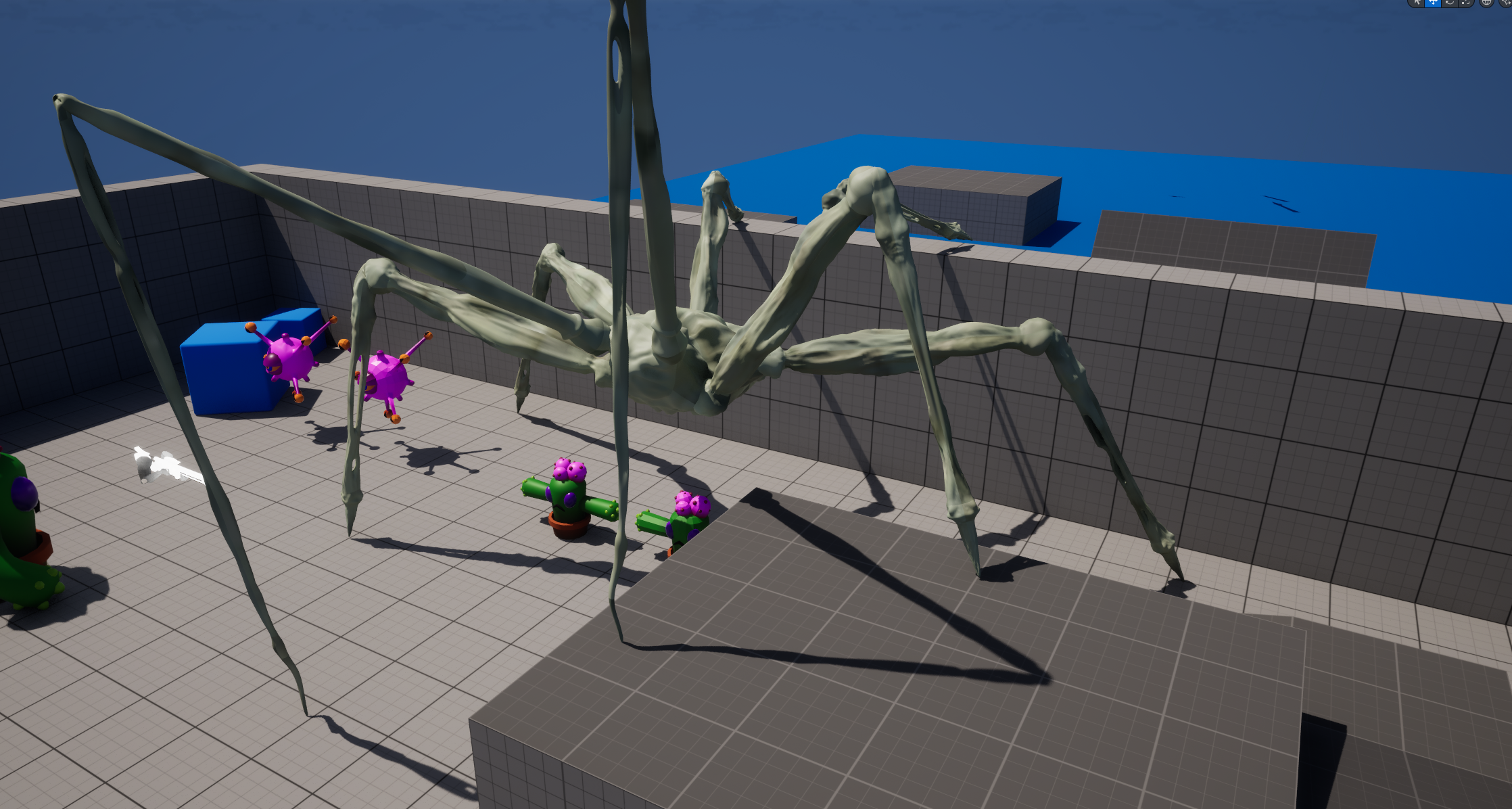 Procedural Spider Animation — Spider walking on stepped terrain with legs at different heights