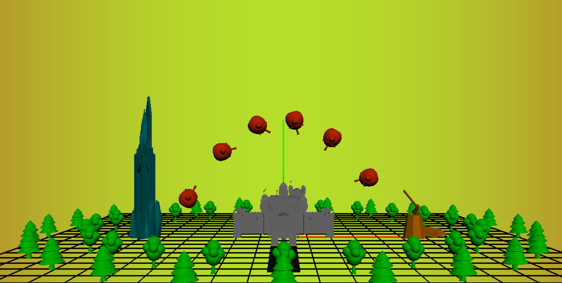 CS3451 — Transformations: Fantasy palace scene with floating objects and forest