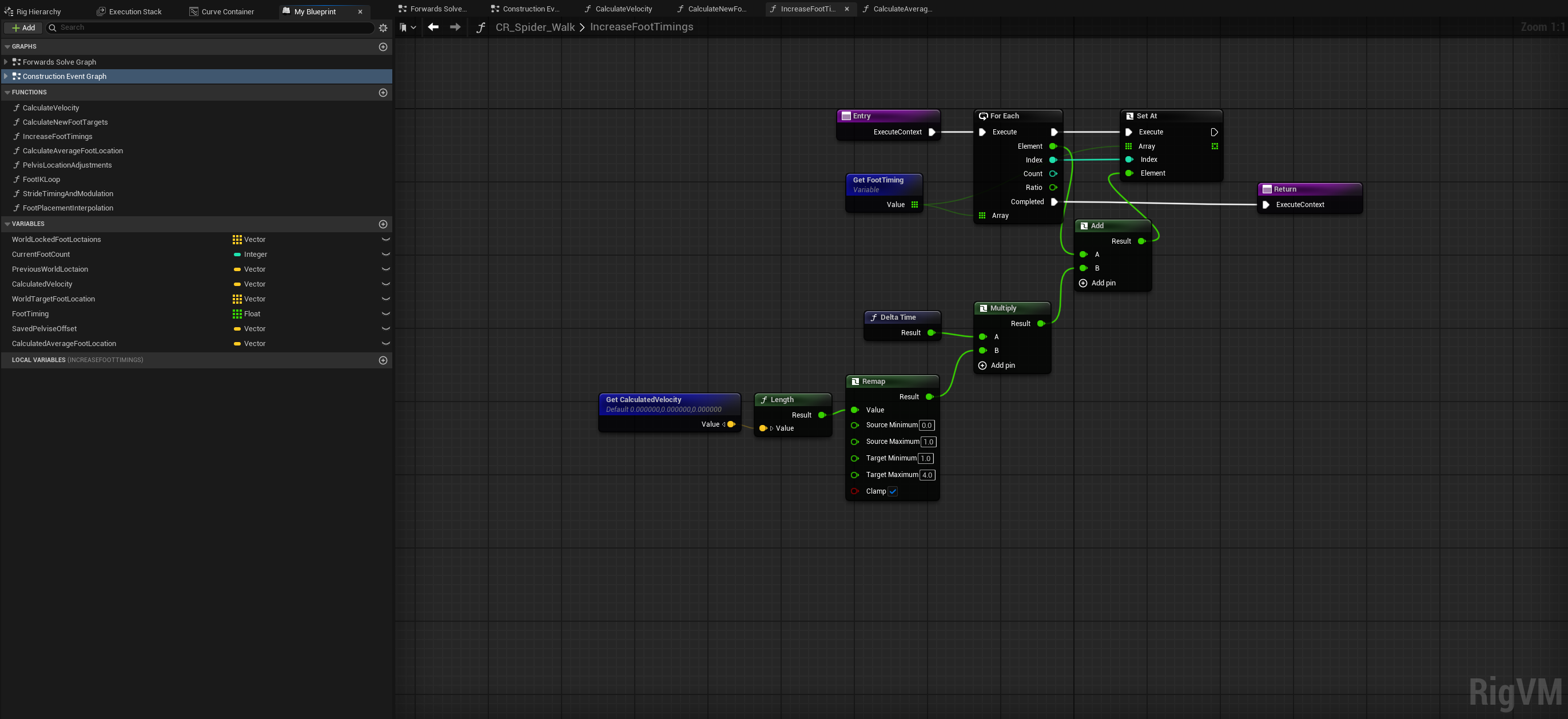 Procedural Spider Animation — Variables, functions, and IncreaseFootTimings graph